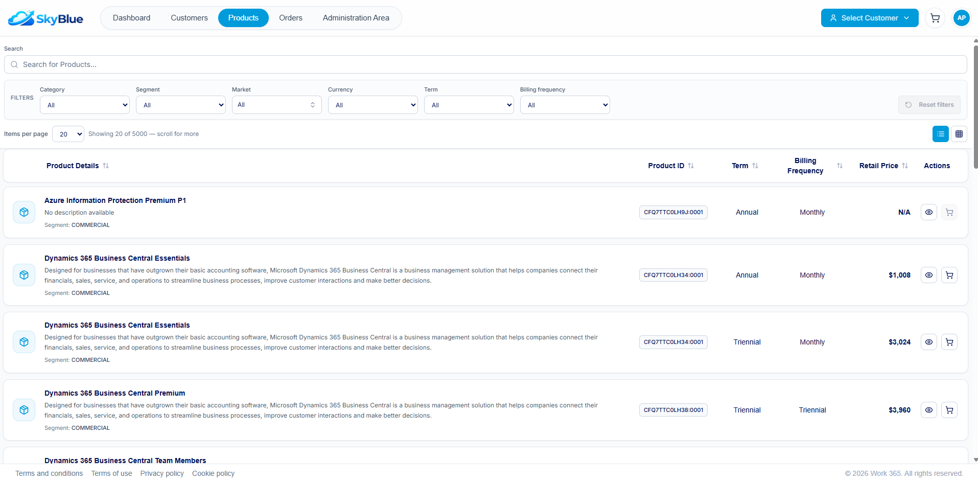 Work 365 product catalog with search, filters, pricing and purchase actions